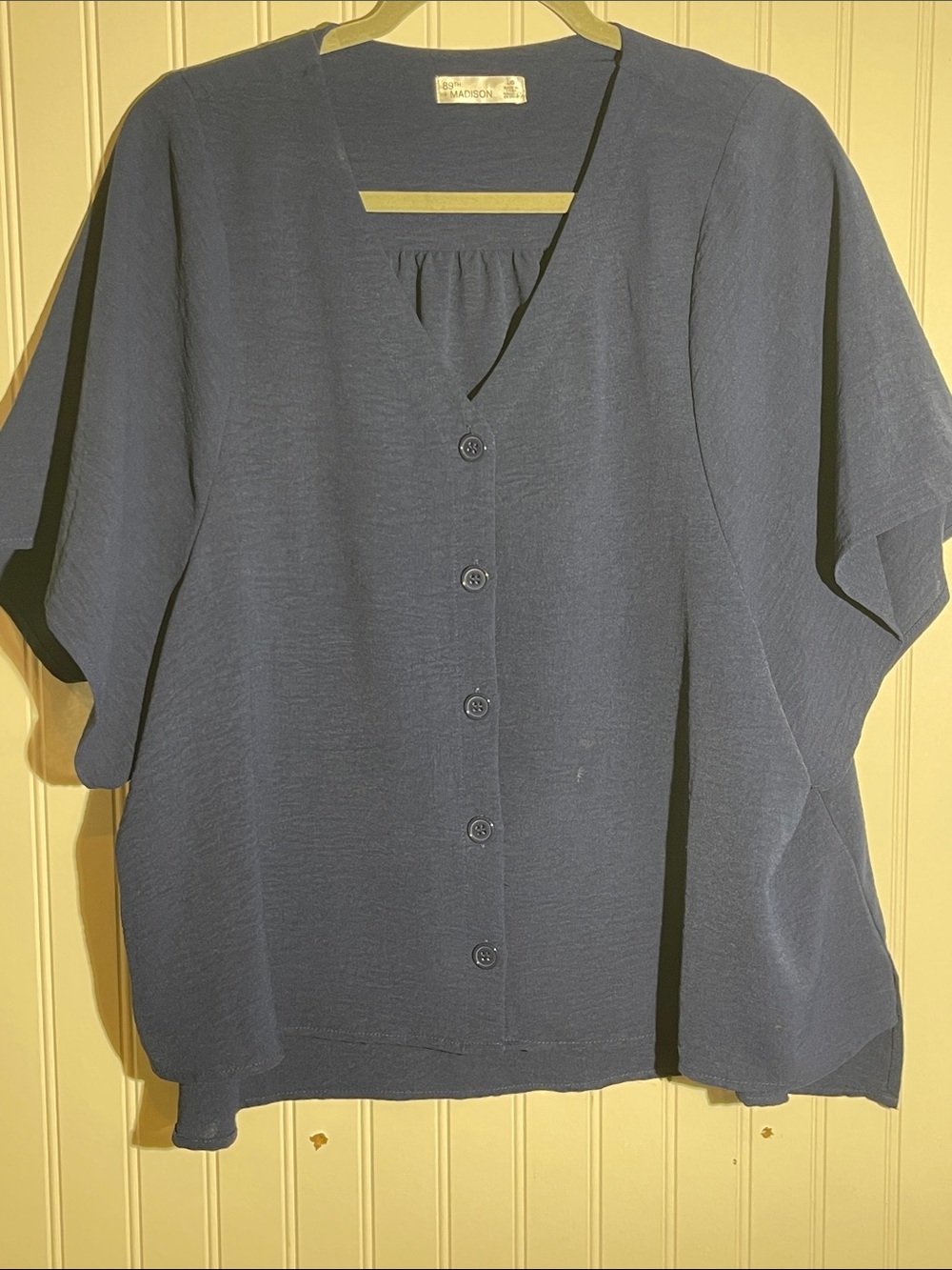 Madison Navy Button-Front Short Sleeve Top